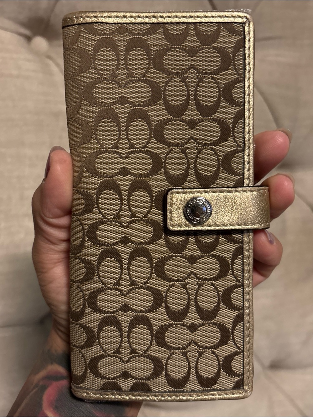 Coach Brown Signature Wallet with Metallic Gold Trim